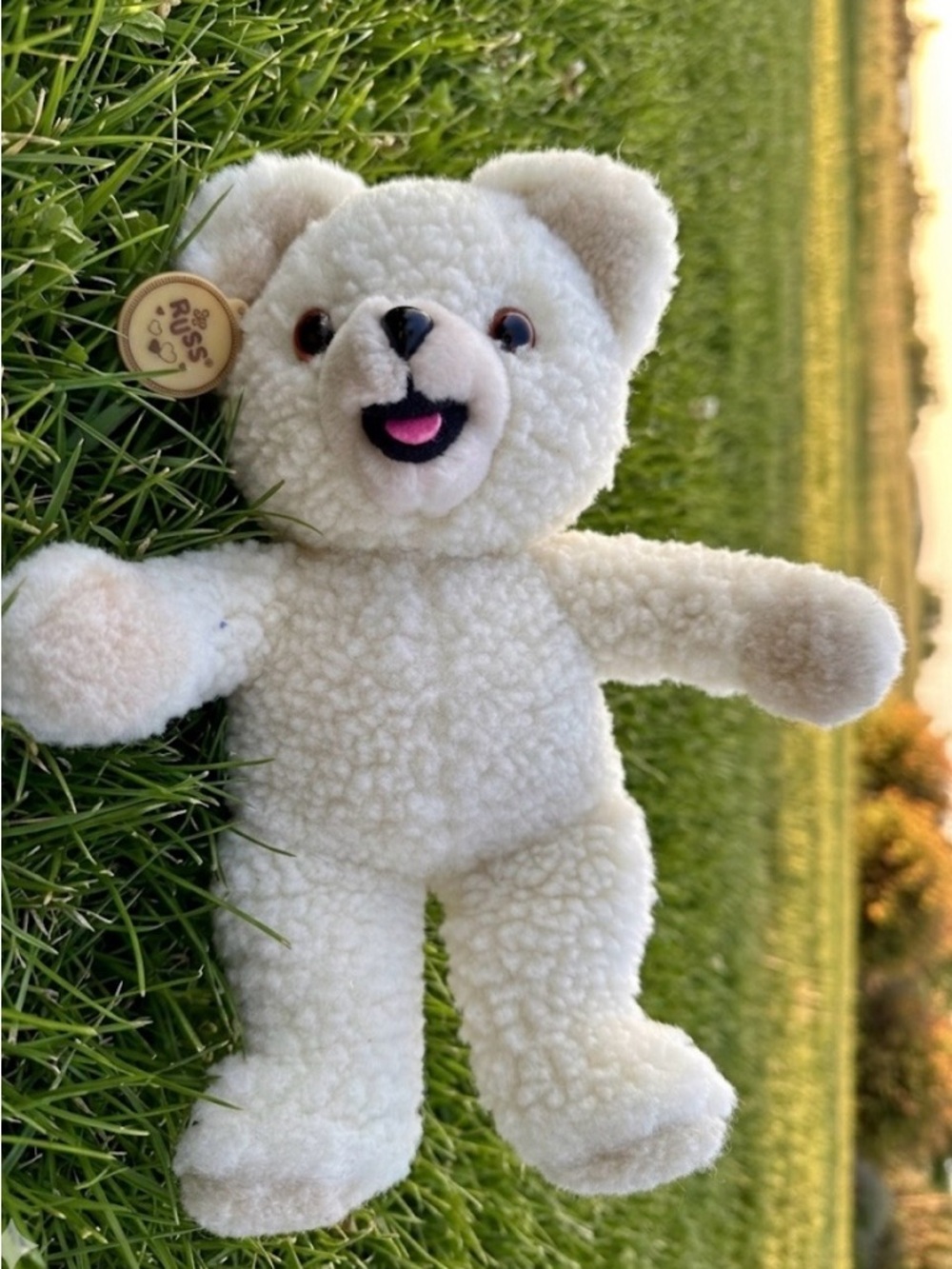 Russ Berrie Cream Sherpa Teddy with Happy Embroidered Smile